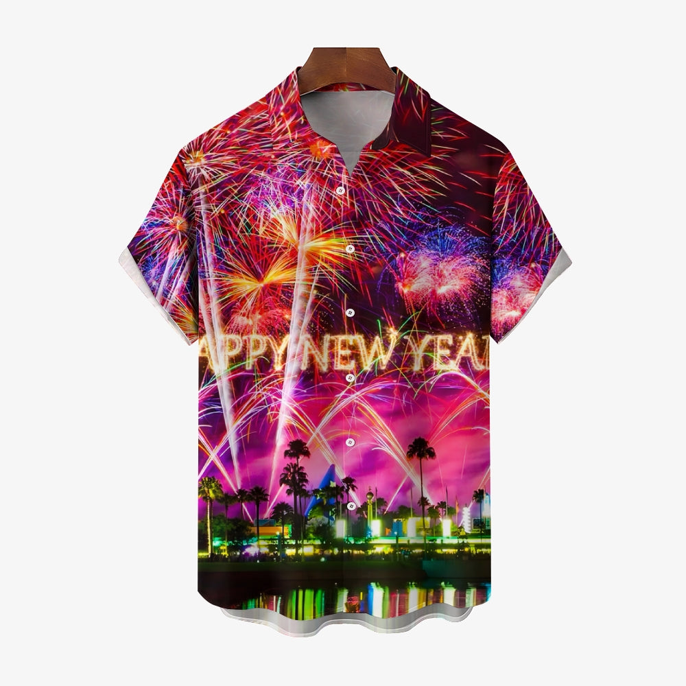 Happy New Year Holidays Men's Hawaiian Shirts Stretch Fireworks Fun Pocket Christmas Shirts 2311000192