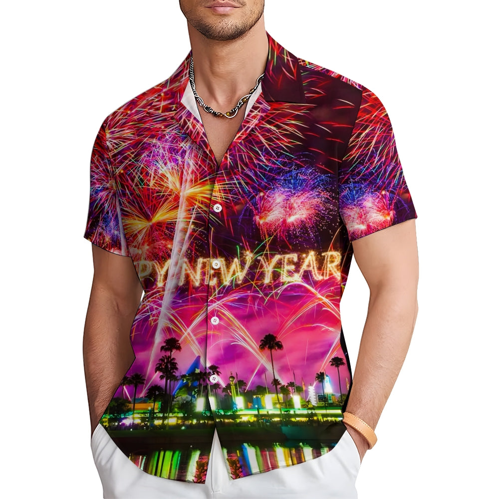 Happy New Year Holidays Men's Hawaiian Shirts Stretch Fireworks Fun Pocket Christmas Shirts 2311000192