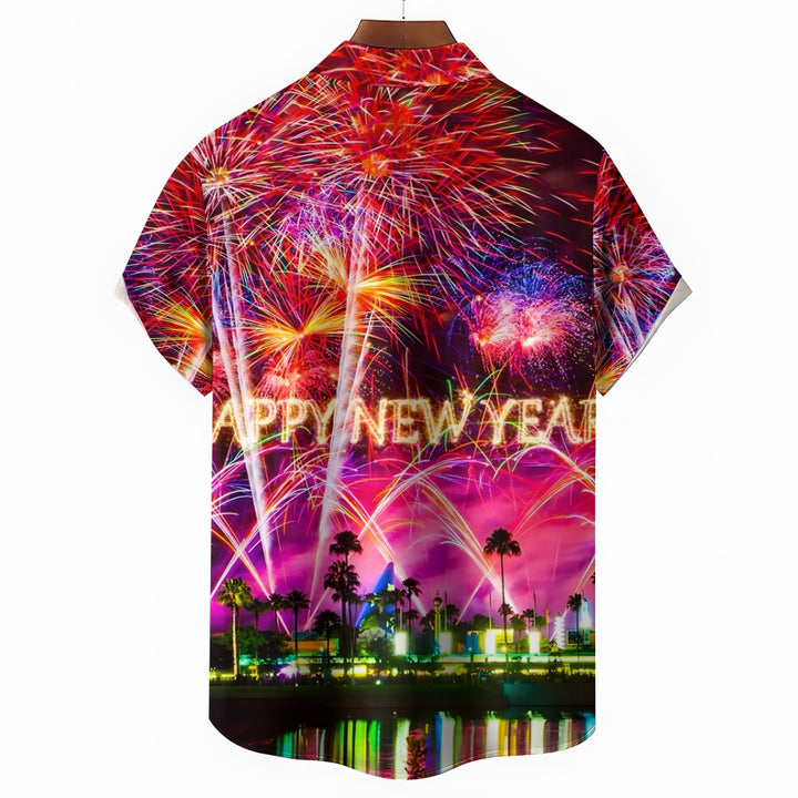 Happy New Year Holidays Men's Hawaiian Shirts Stretch Fireworks Fun Pocket Christmas Shirts 2311000192