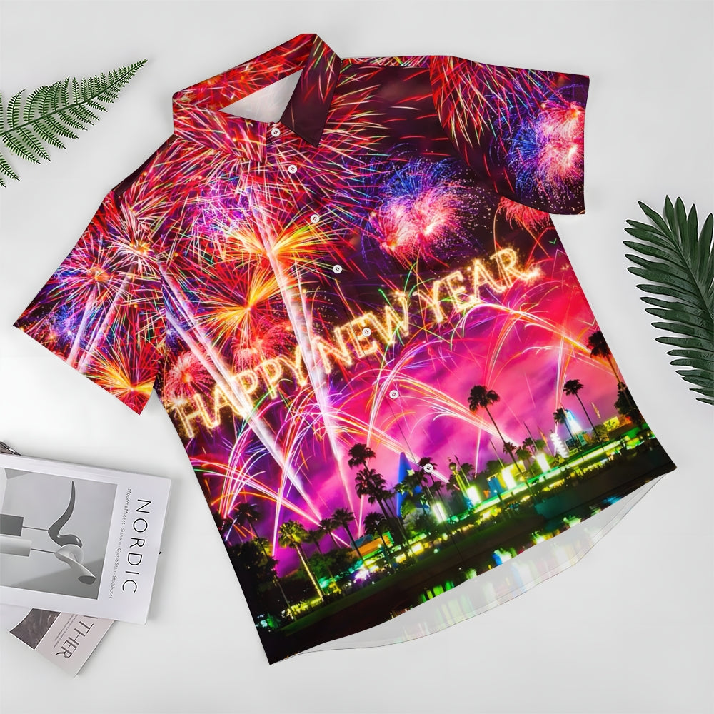 Happy New Year Holidays Men's Hawaiian Shirts Stretch Fireworks Fun Pocket Christmas Shirts 2311000192