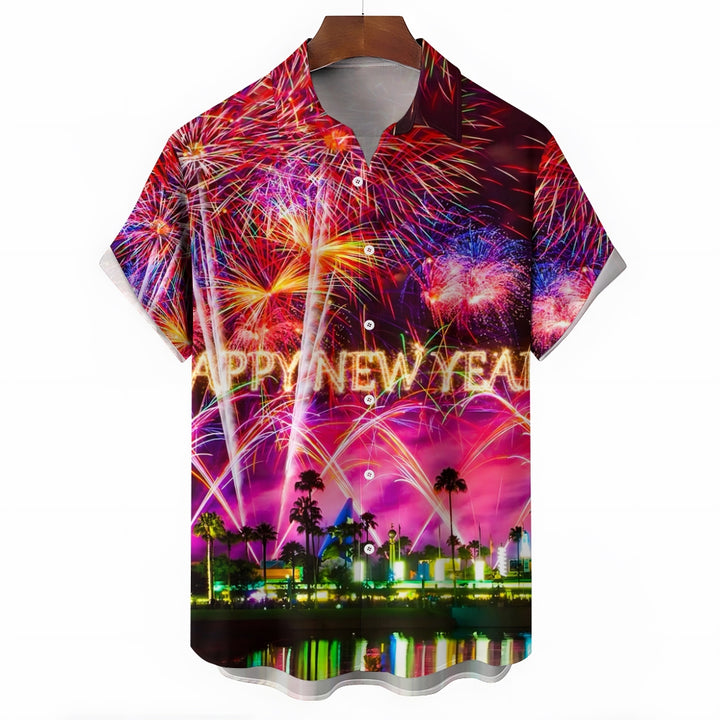 Happy New Year Holidays Men's Hawaiian Shirts Stretch Fireworks Fun Pocket Christmas Shirts 2311000192