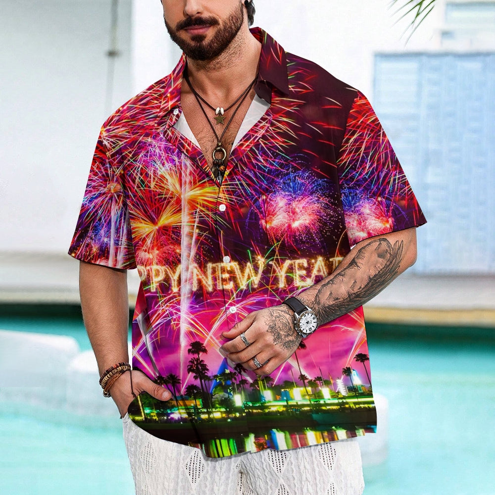 Happy New Year Holidays Men's Hawaiian Shirts Stretch Fireworks Fun Pocket Christmas Shirts 2311000192