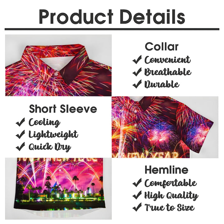 Happy New Year Holidays Men's Hawaiian Shirts Stretch Fireworks Fun Pocket Christmas Shirts 2311000192