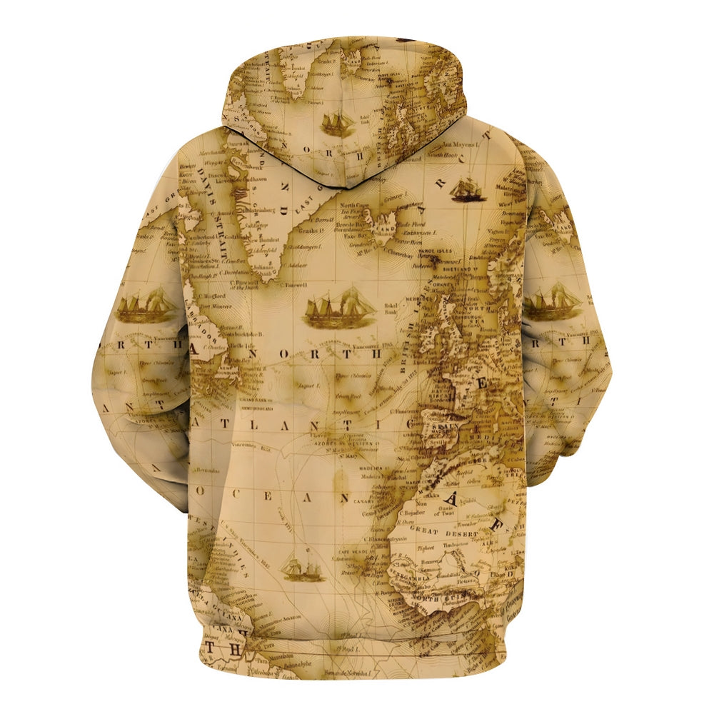 Unisex Casual Vintage Map Pocket Hoodie 2308100068