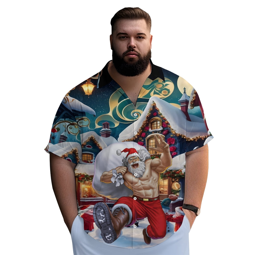 Christmas Santa Claus Snowman Button Pocket Casual Short Sleeve Shirt