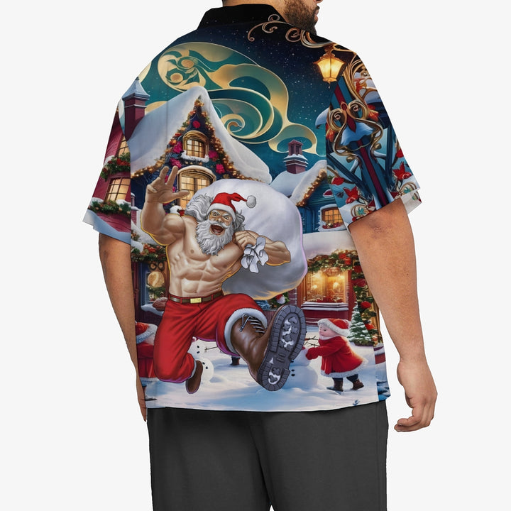 Christmas Santa Claus Snowman Button Pocket Casual Short Sleeve Shirt