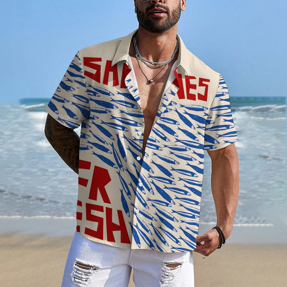 Beach Vacation Men's Hawaiian Shirt Fish Print Pocket Camping Shirt 2410008530