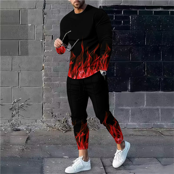 Men's 3D flame print long-sleeved T-shirt and trousers two-piece set 2410008641