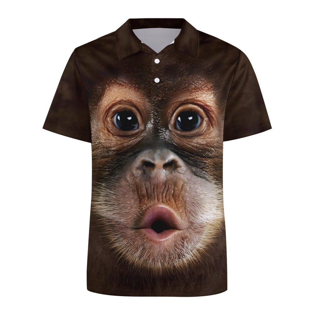 Men's Button Down Short Sleeve Exhaling Orangutan Printed Polo Shirt 2312000294