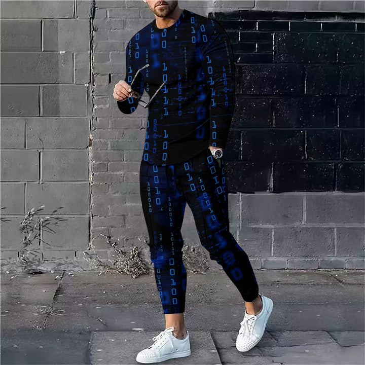 Men's Code Print Long Sleeve Shirts With Drawstring Long Pants Two Piece Outfit 2410008973