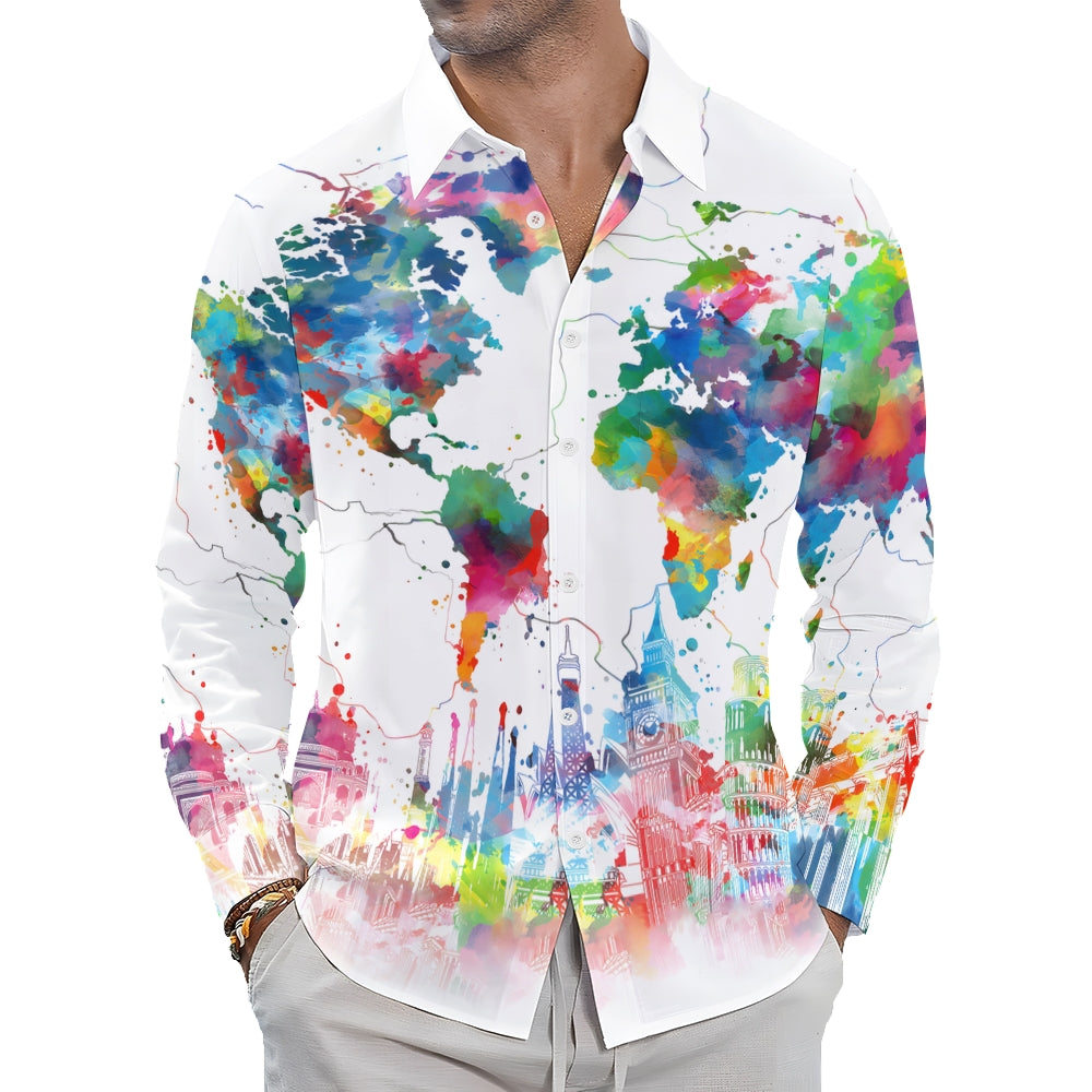 Men's Fashionable Casual Map Print Shirt 2411000212