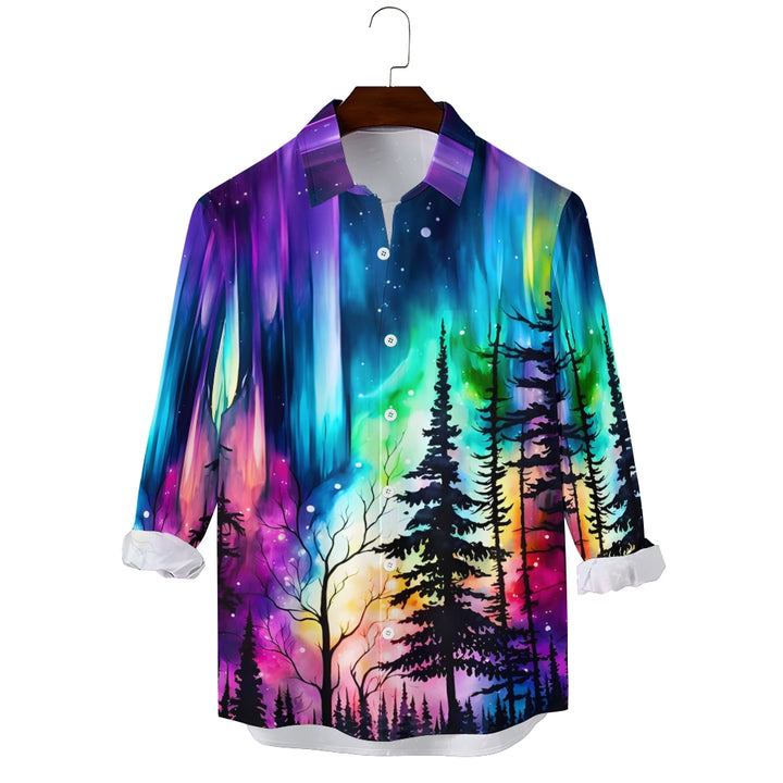 Men's Vintage Iridescent Aurora Forest Art Print Long Sleeve Shirt 2411000218