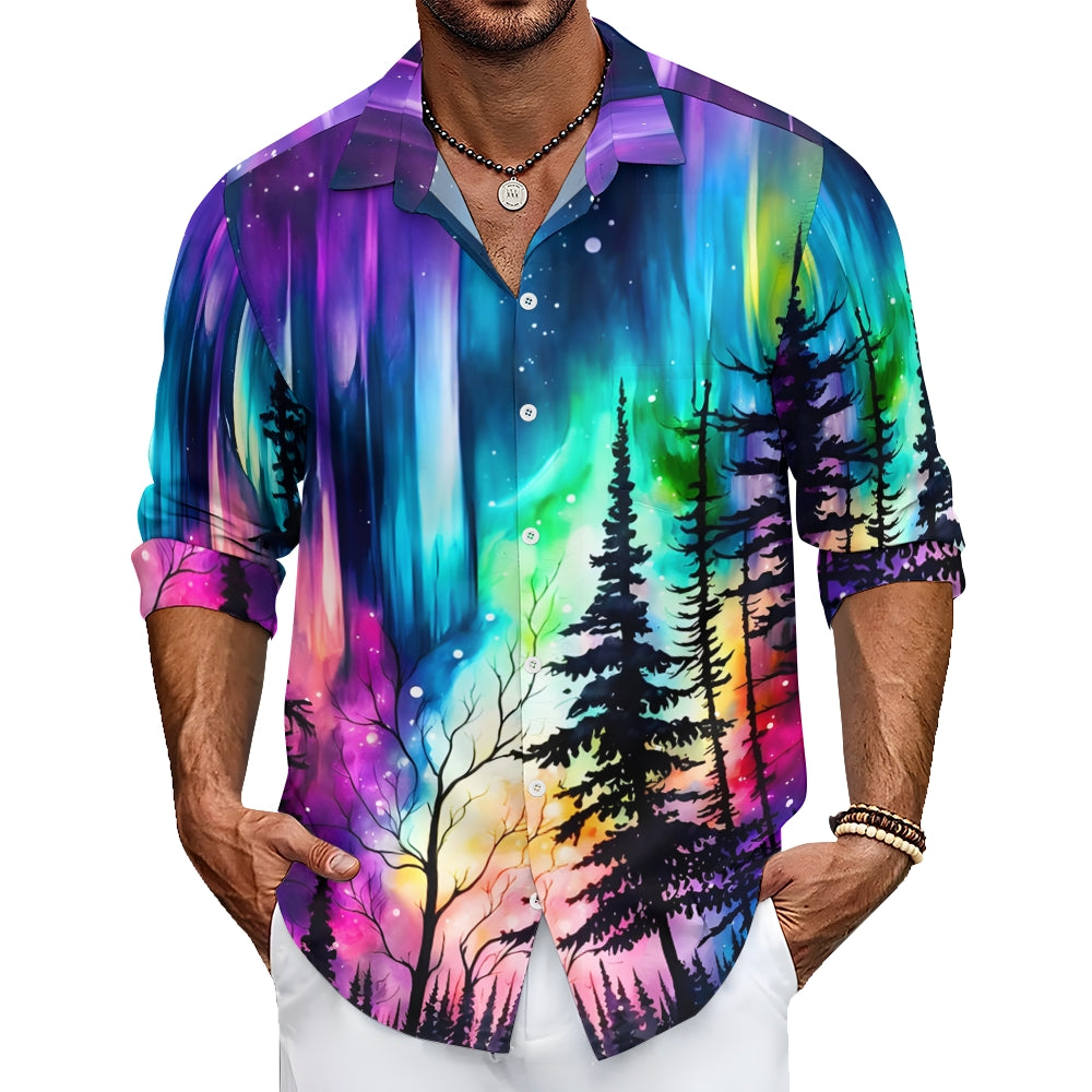 Men's Vintage Iridescent Aurora Forest Art Print Long Sleeve Shirt 2411000218