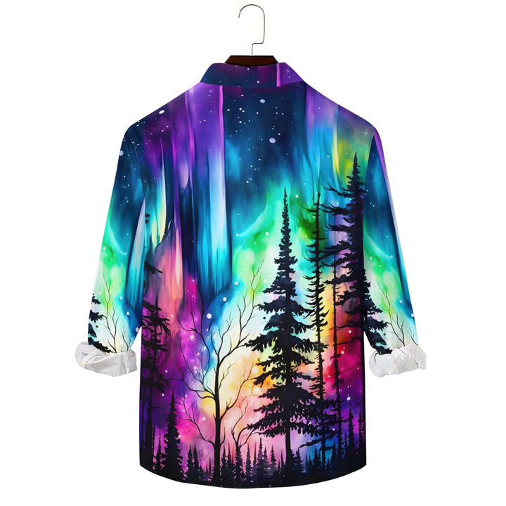 Men's Vintage Iridescent Aurora Forest Art Print Long Sleeve Shirt 2411000218