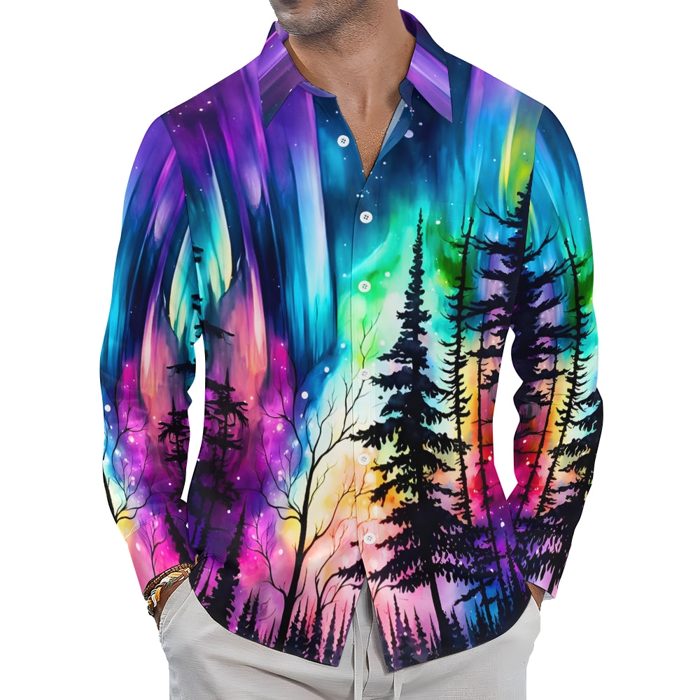 Men's Vintage Iridescent Aurora Forest Art Print Long Sleeve Shirt 2411000218