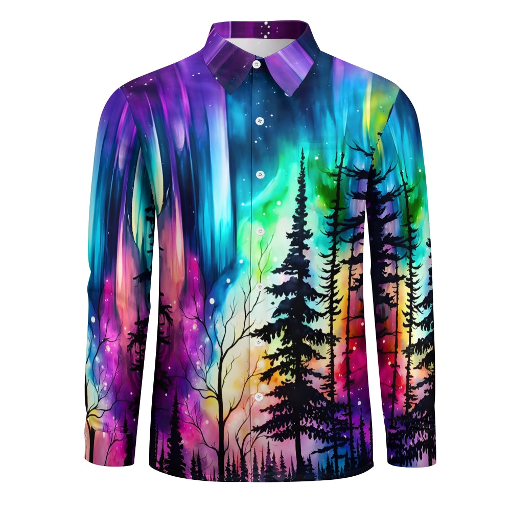 Men's Vintage Iridescent Aurora Forest Art Print Long Sleeve Shirt 2411000218