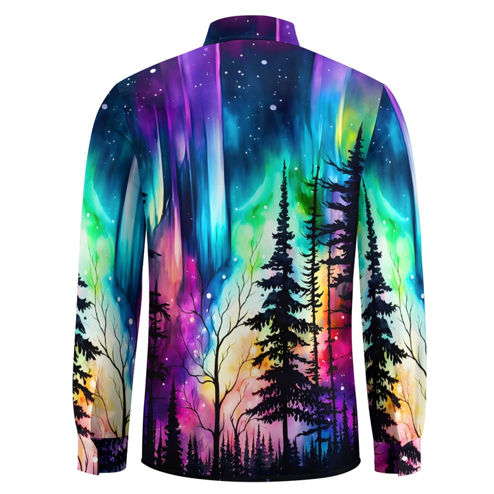 Men's Vintage Iridescent Aurora Forest Art Print Long Sleeve Shirt 2411000218