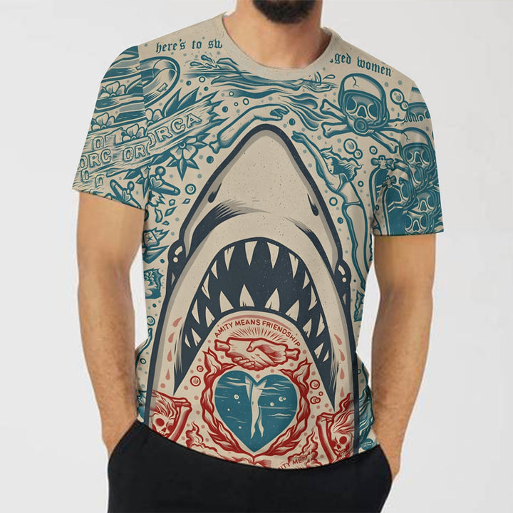 Men's shark print crew neck casual T-shirt 2311000181