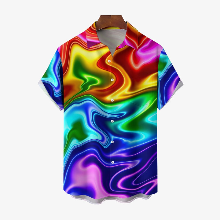 Neon Metallic Rainbow Background Print Chest Pocket Short Sleeve Shirt 2411000790