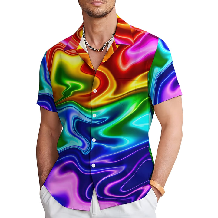 Neon Metallic Rainbow Background Print Chest Pocket Short Sleeve Shirt 2411000790