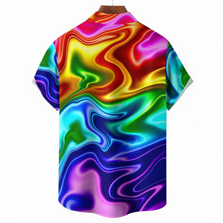 Neon Metallic Rainbow Background Print Chest Pocket Short Sleeve Shirt 2411000790