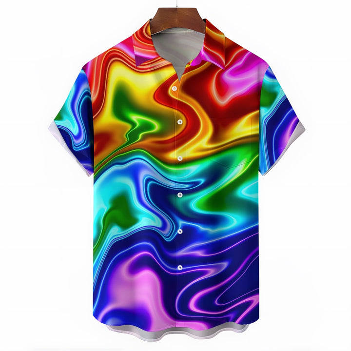 Neon Metallic Rainbow Background Print Chest Pocket Short Sleeve Shirt 2411000790