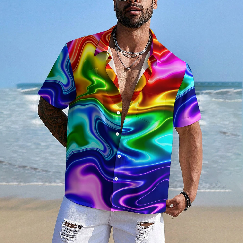 Neon Metallic Rainbow Background Print Chest Pocket Short Sleeve Shirt 2411000790