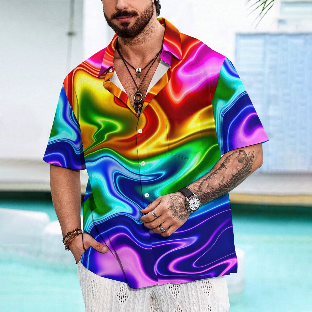 Neon Metallic Rainbow Background Print Chest Pocket Short Sleeve Shirt 2411000790