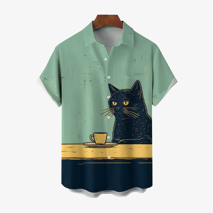 Retro Black Cat Chilling Coffee Art Linen Blend Shirt 2411000818