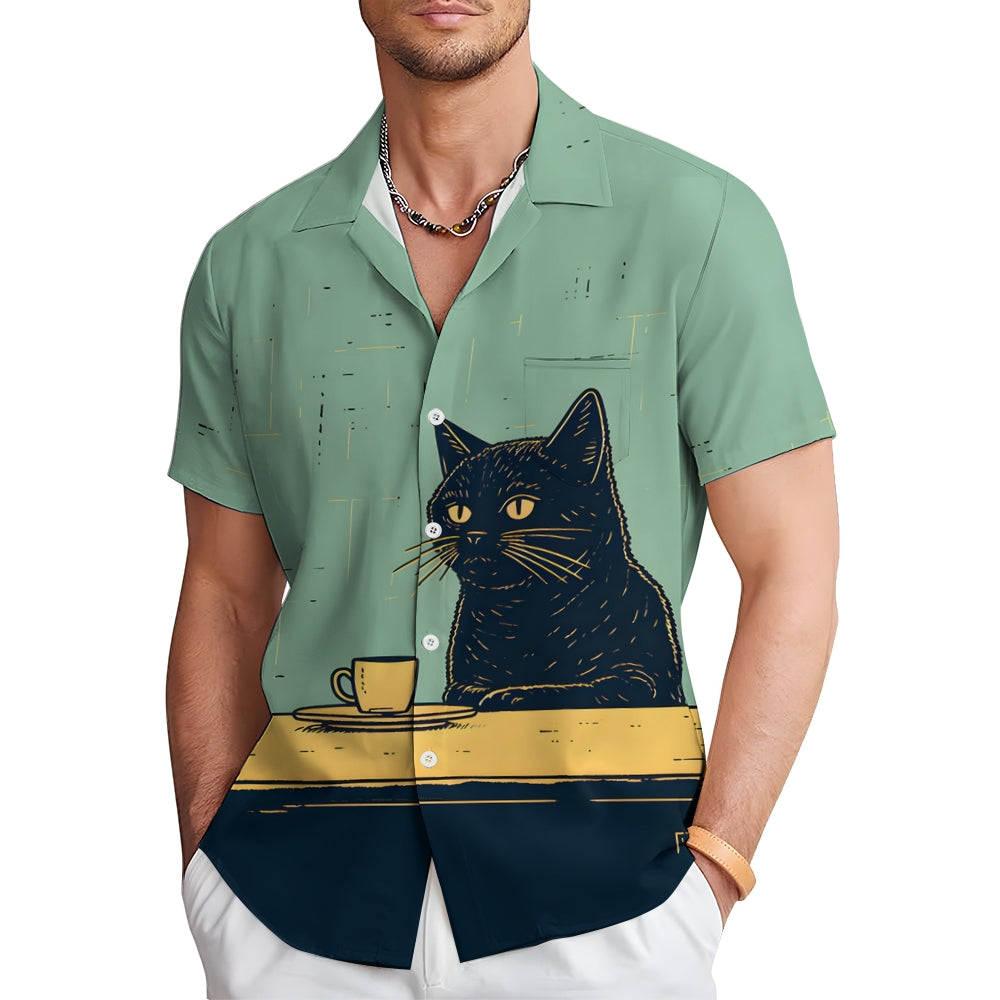 Retro Black Cat Chilling Coffee Art Linen Blend Shirt 2411000818