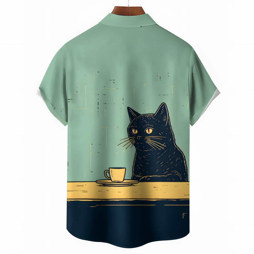 Retro Black Cat Chilling Coffee Art Linen Blend Shirt 2411000818