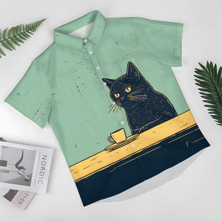 Retro Black Cat Chilling Coffee Art Linen Blend Shirt 2411000818