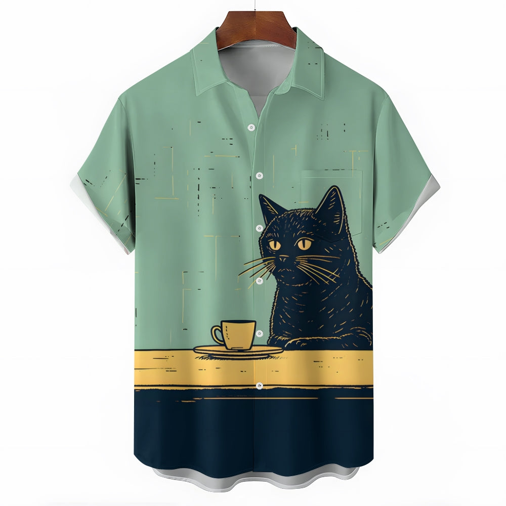 Retro Black Cat Chilling Coffee Art Linen Blend Shirt 2411000818