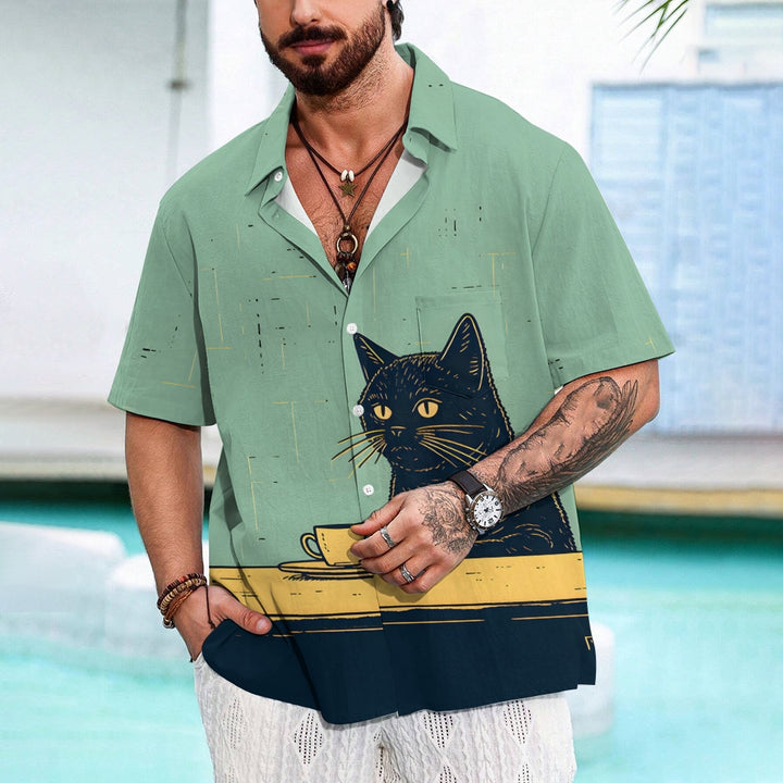 Retro Black Cat Chilling Coffee Art Linen Blend Shirt 2411000818