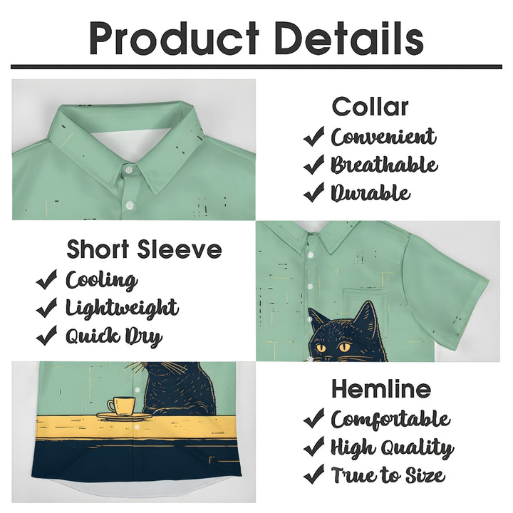 Retro Black Cat Chilling Coffee Art Linen Blend Shirt 2411000818