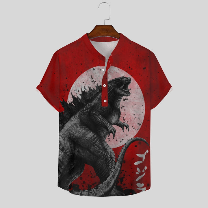 Retro Roar Godzilla Red Moon Art Linen Blend Shirt 2411000922