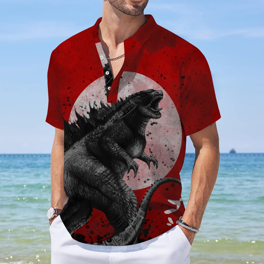 Retro Roar Godzilla Red Moon Art Linen Blend Shirt 2411000922