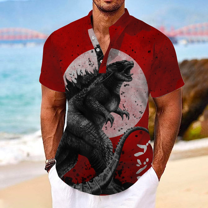 Retro Roar Godzilla Red Moon Art Linen Blend Shirt 2411000922