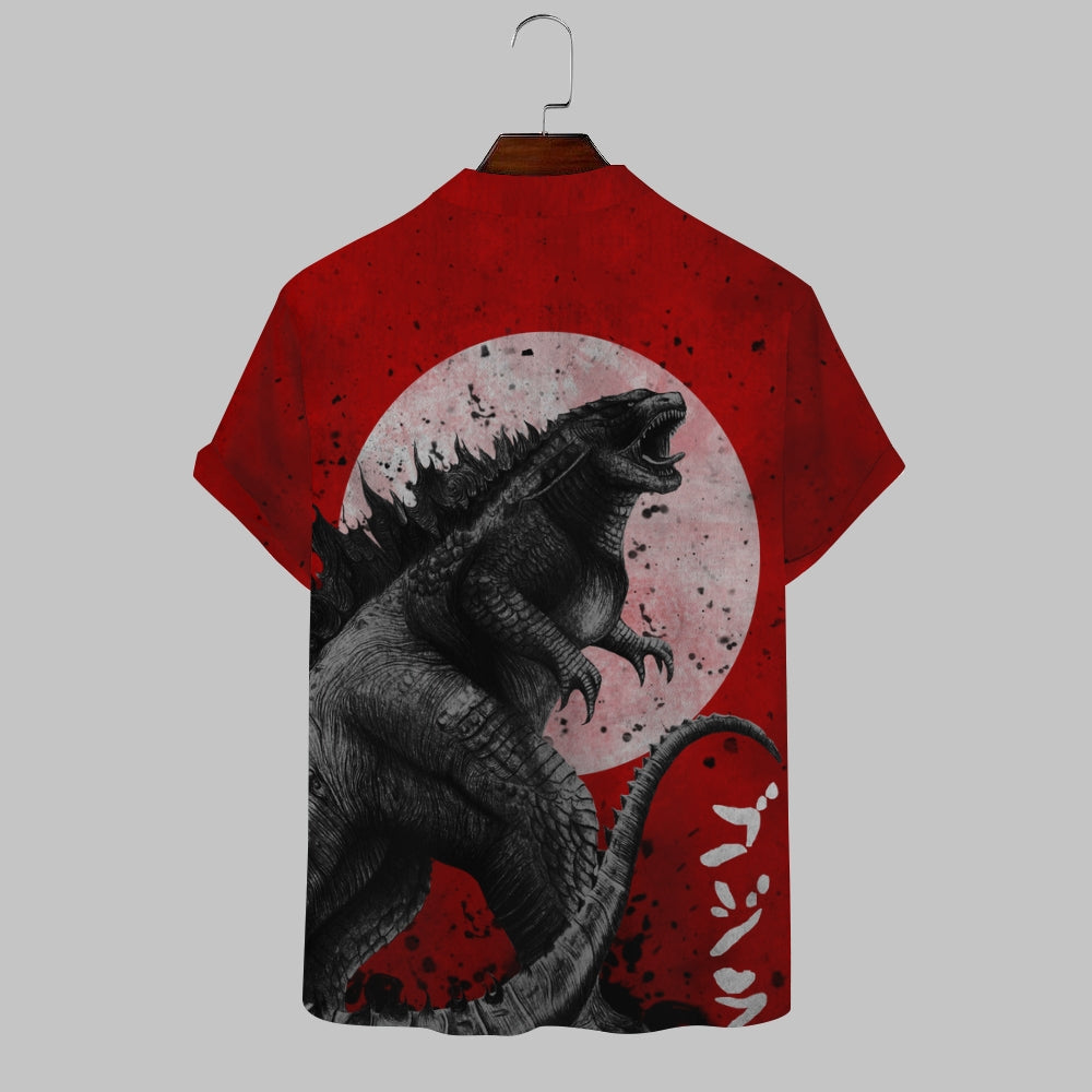 Retro Roar Godzilla Red Moon Art Linen Blend Shirt 2411000922