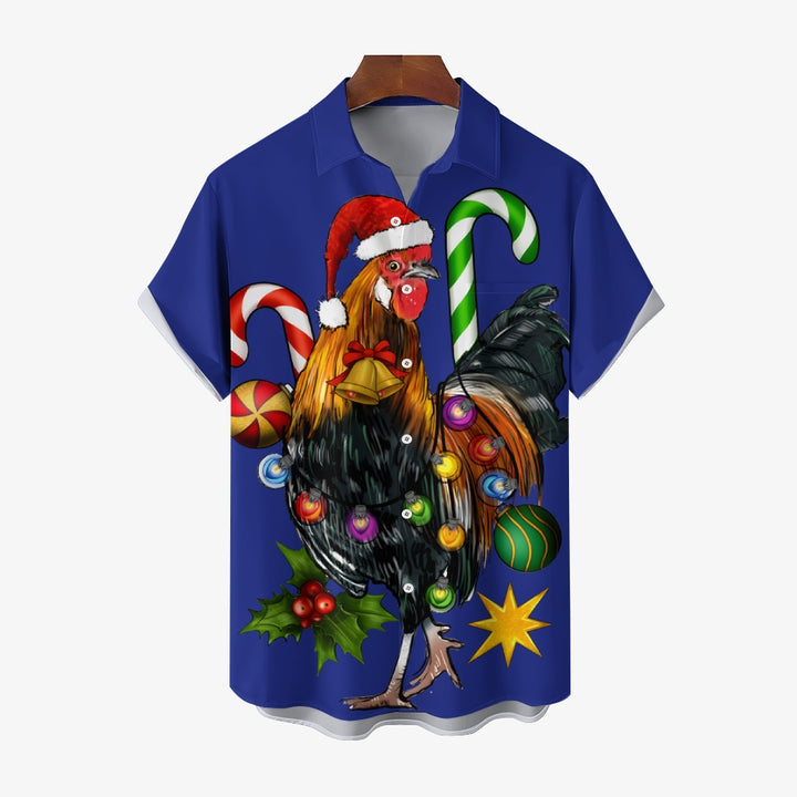 Christmas Rooster Colorful Lights Casual Short Sleeve Shirt 2411001428