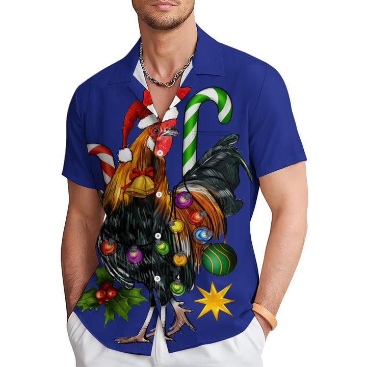 Christmas Rooster Colorful Lights Casual Short Sleeve Shirt 2411001428