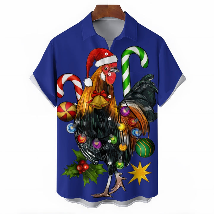 Christmas Rooster Colorful Lights Casual Short Sleeve Shirt