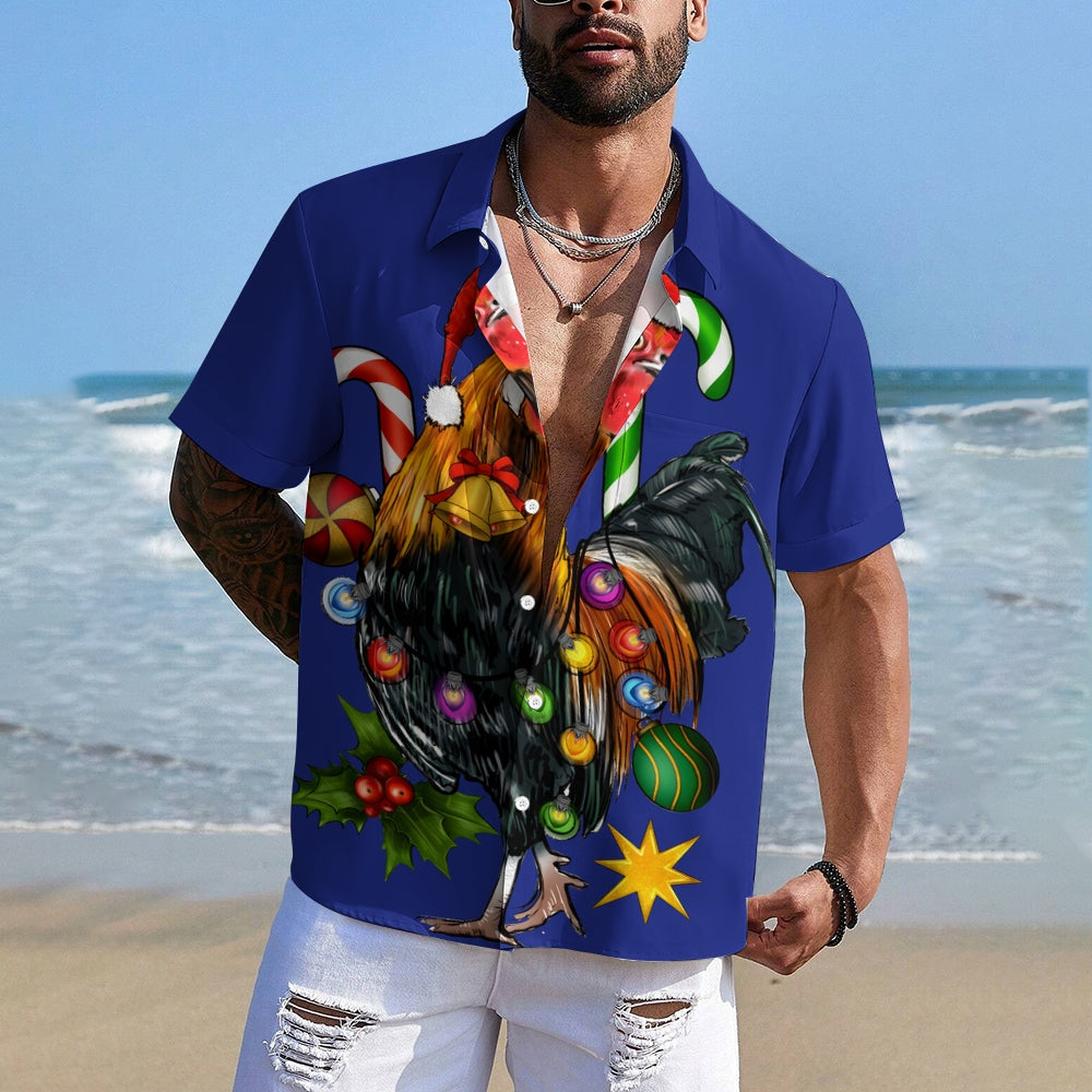 Christmas Rooster Colorful Lights Casual Short Sleeve Shirt 2411001428