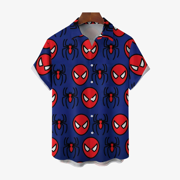 Gradient Blue Halloween Spider Pattern Linen Short Sleeve Shirt 2411001675