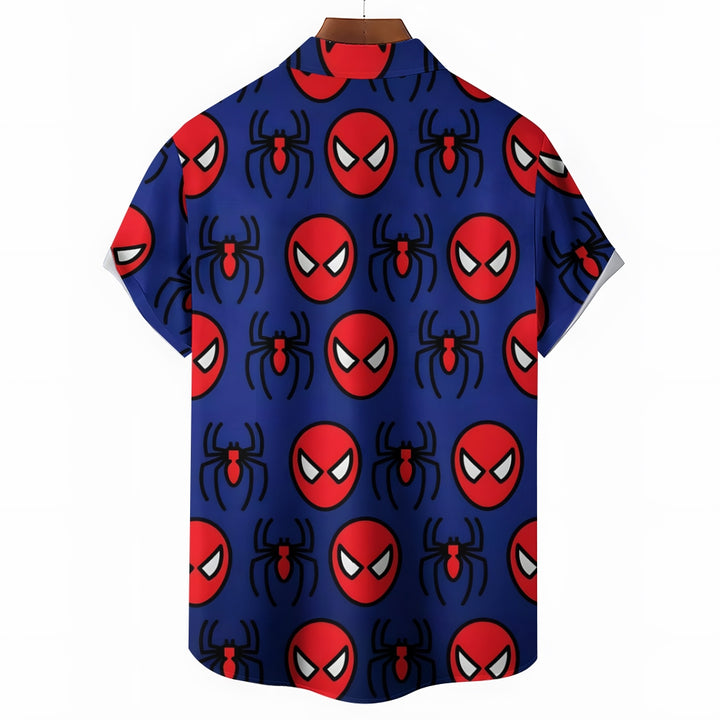 Gradient Blue Halloween Spider Pattern Linen Short Sleeve Shirt 2411001675