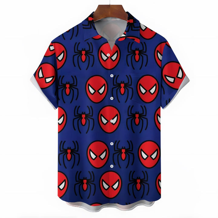 Gradient Blue Halloween Spider Pattern Linen Short Sleeve Shirt 2411001675