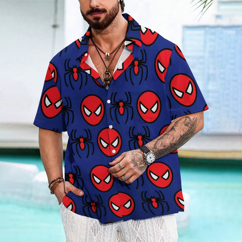 Gradient Blue Halloween Spider Pattern Linen Short Sleeve Shirt 2411001675