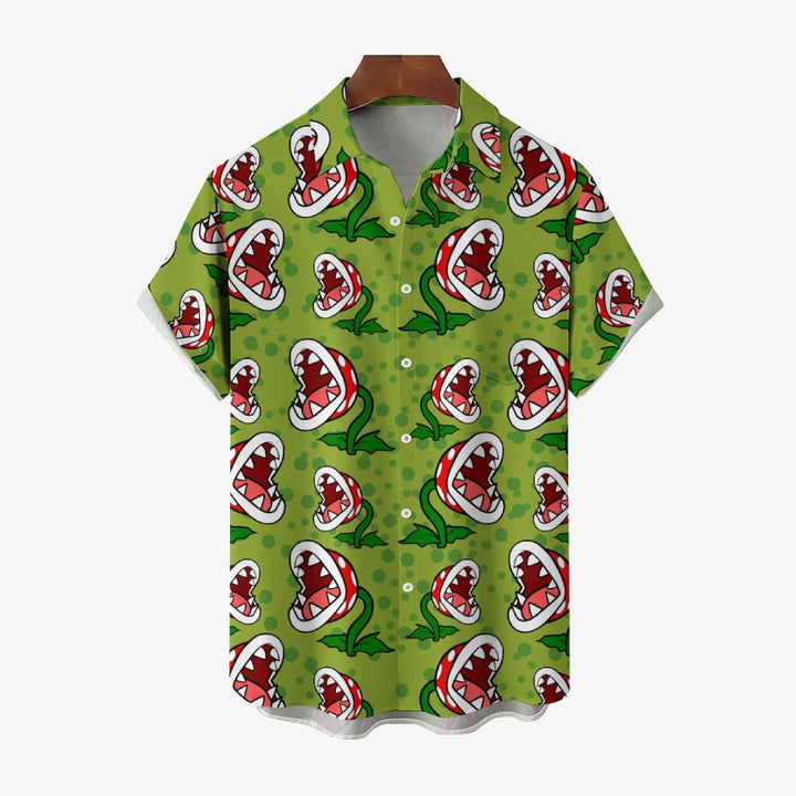 Green Cartoon Piranha Flowers Printing Short Sleeve Shirt 2411001827