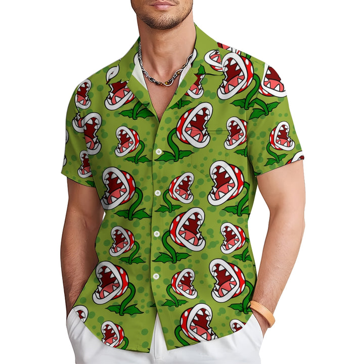 Green Cartoon Piranha Flowers Printing Short Sleeve Shirt 2411001827