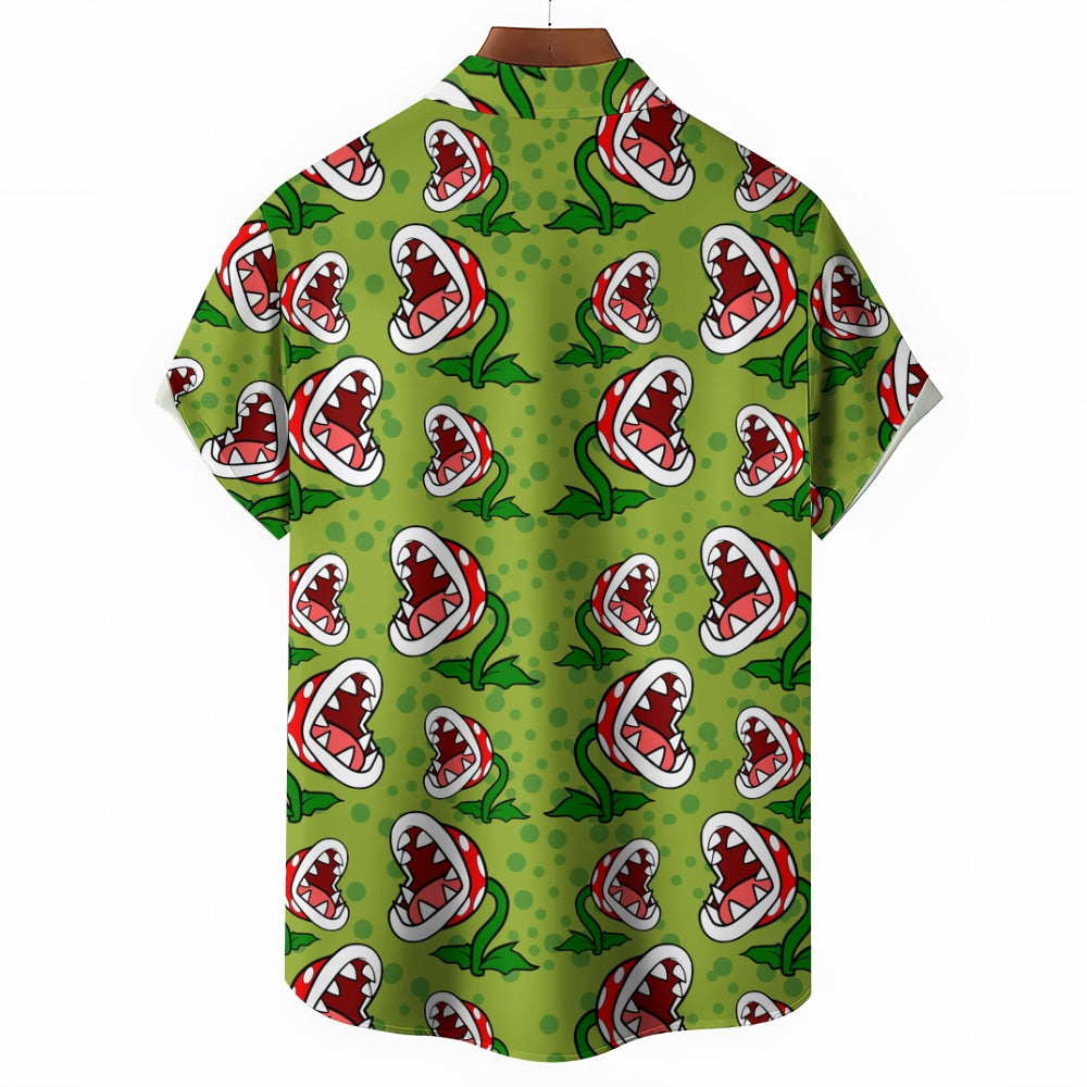 Green Cartoon Piranha Flowers Printing Short Sleeve Shirt 2411001827